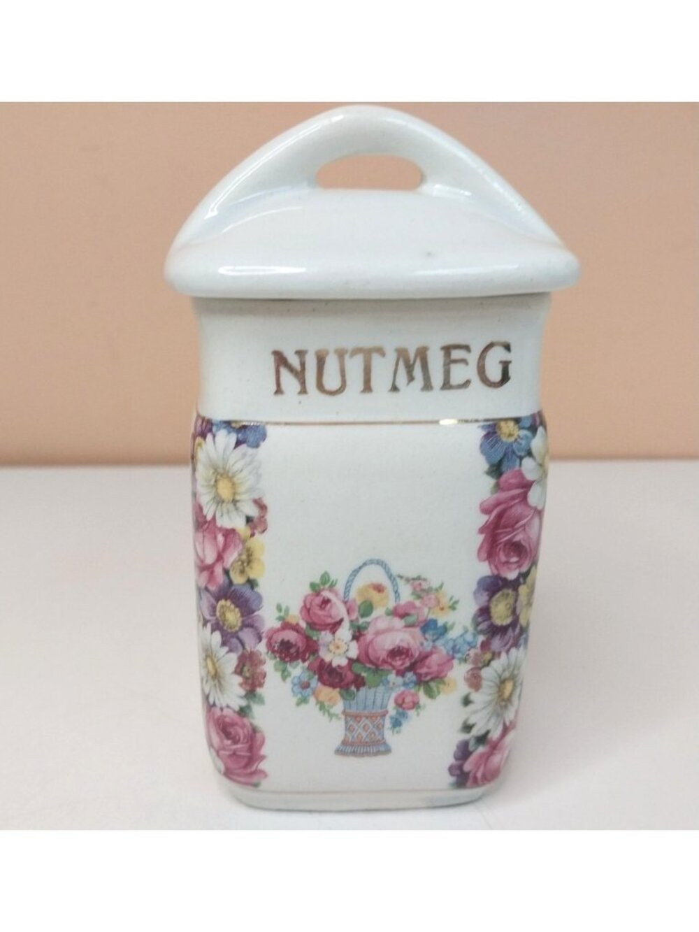 Antique Ceramic Nutmeg Spice Jar w/ Lid Made in Czechoslovakia Floral Art Deco